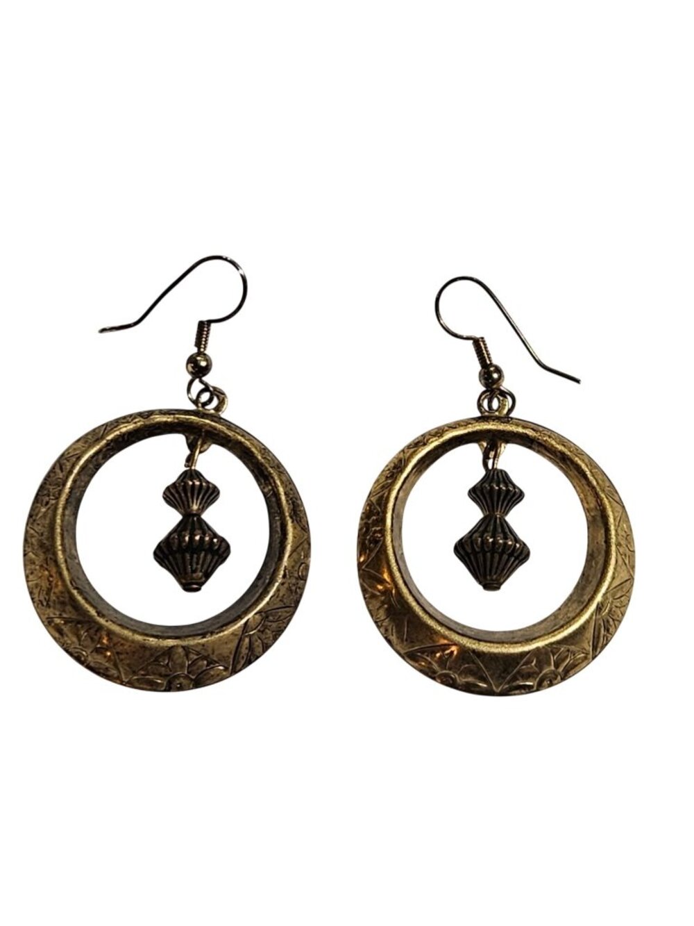Vintage Goldtone Circle Dangle Earrings Beaded 1.25 inches